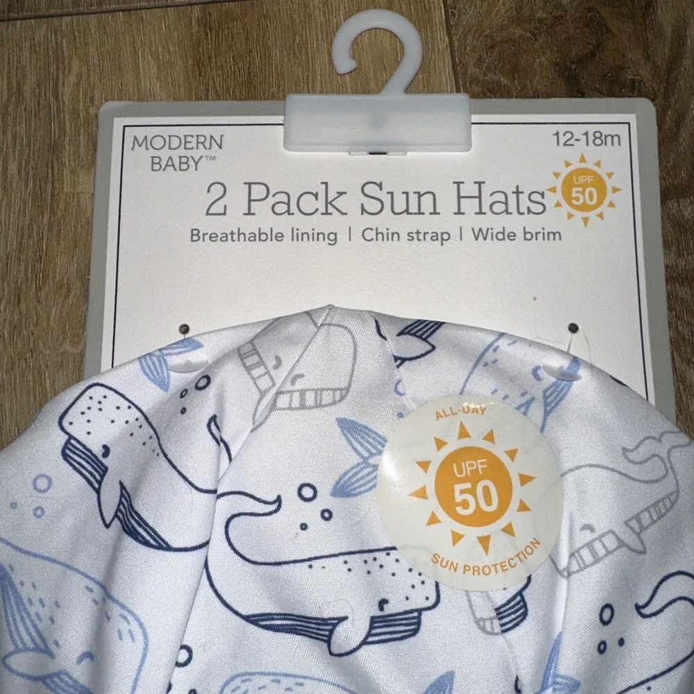 Modern Baby 2 Pack Sun Hats Breathable Lining‎ Chin Strap Wide Brim 12-18 Mo UPF